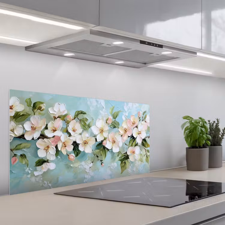 Bloesem - Bladeren - Lichtblauw keuken achterwand spatscherm middel -3d_schuin