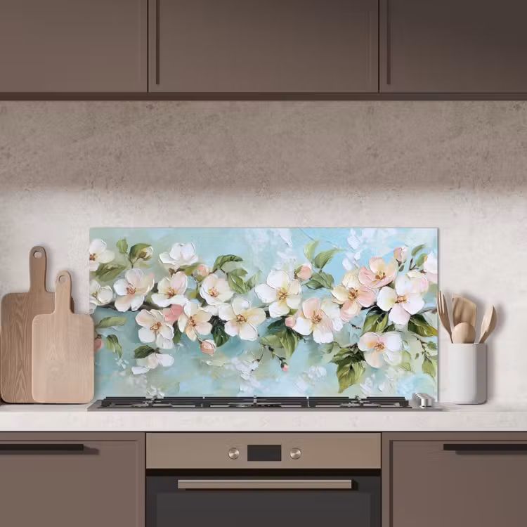 Bloesem - Bladeren - Lichtblauw keuken achterwand spatscherm middel -sfeer2