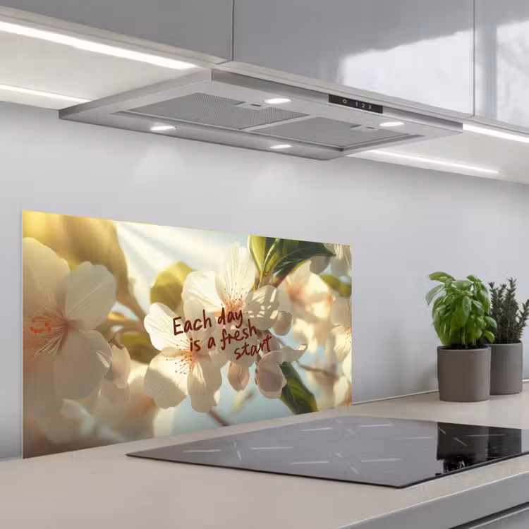 Bloesems - Zonlicht - Quote - Wit keuken achterwand spatscherm middel -3d_schuin