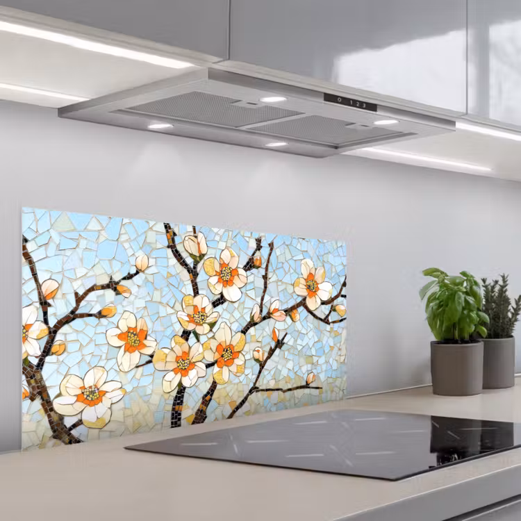 Bloesems - Wit - Mozaïek - Tak keuken achterwand spatscherm middel -3d_schuin