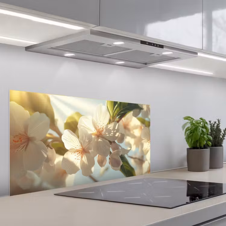 Bloesems - Wit - Zonnestralen - Bloemblaadjes keuken achterwand spatscherm middel -3d_schuin
