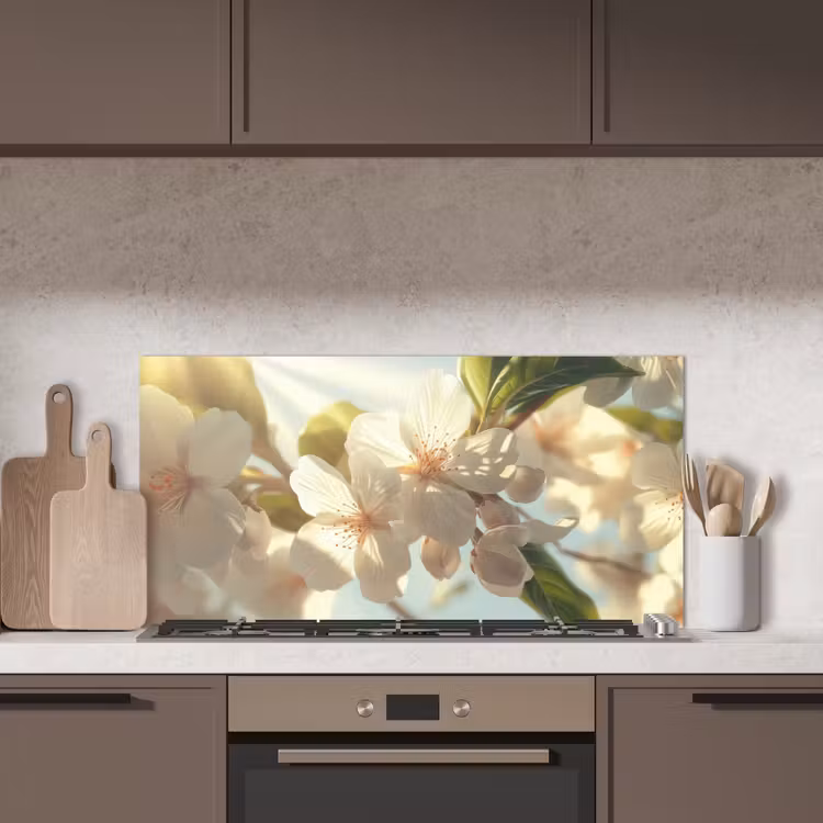 Bloesems - Wit - Zonnestralen - Bloemblaadjes keuken achterwand spatscherm middel -sfeer2