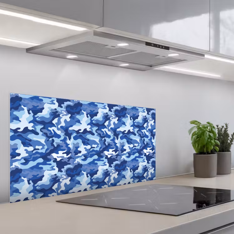 Blauw - Camouflage - Golvend keuken achterwand spatscherm middel 899 -3d_schuin