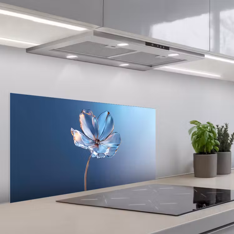 Blauw - Bloem - Glazen - Sierlijk keuken achterwand spatscherm middel -3d_schuin