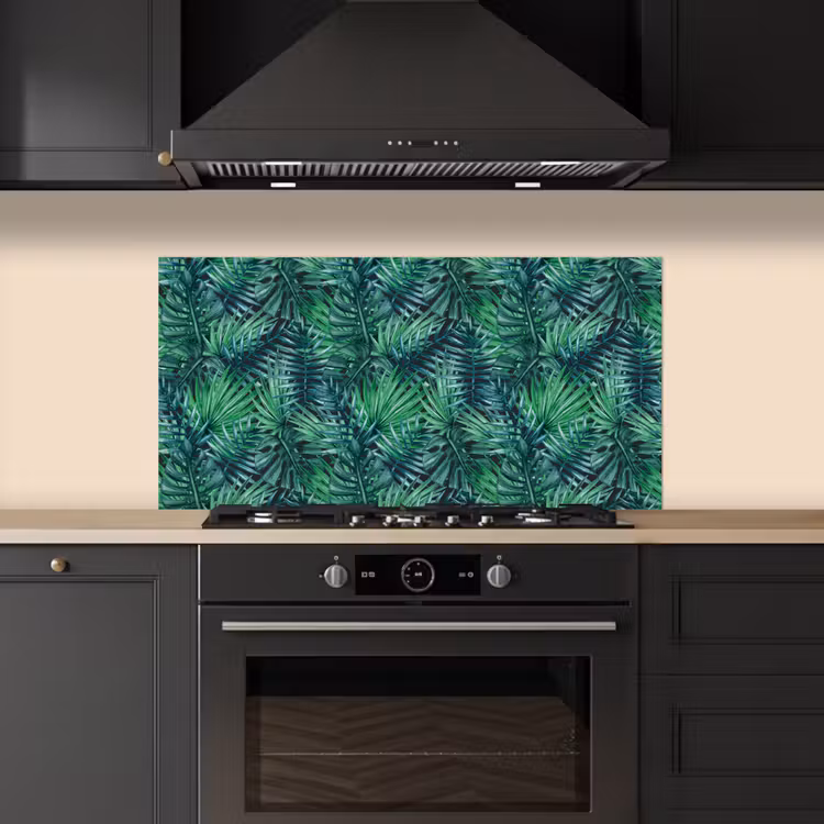 Blauw - Palmbladeren - Afsnijding keuken achterwand spatscherm middel 899 -sfeer1