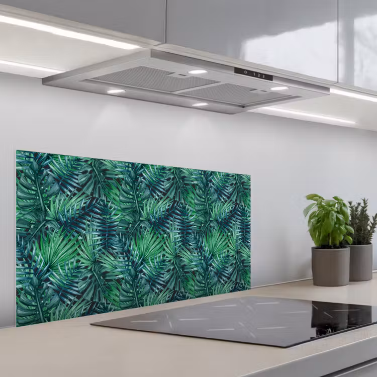 Blauw - Palmbladeren - Afsnijding keuken achterwand spatscherm middel 899 -3d_schuin