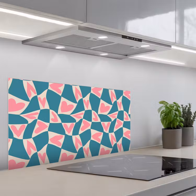 Blauw - Vlakken - Patroon - Hartjes keuken achterwand spatscherm middel 899 -3d_schuin
