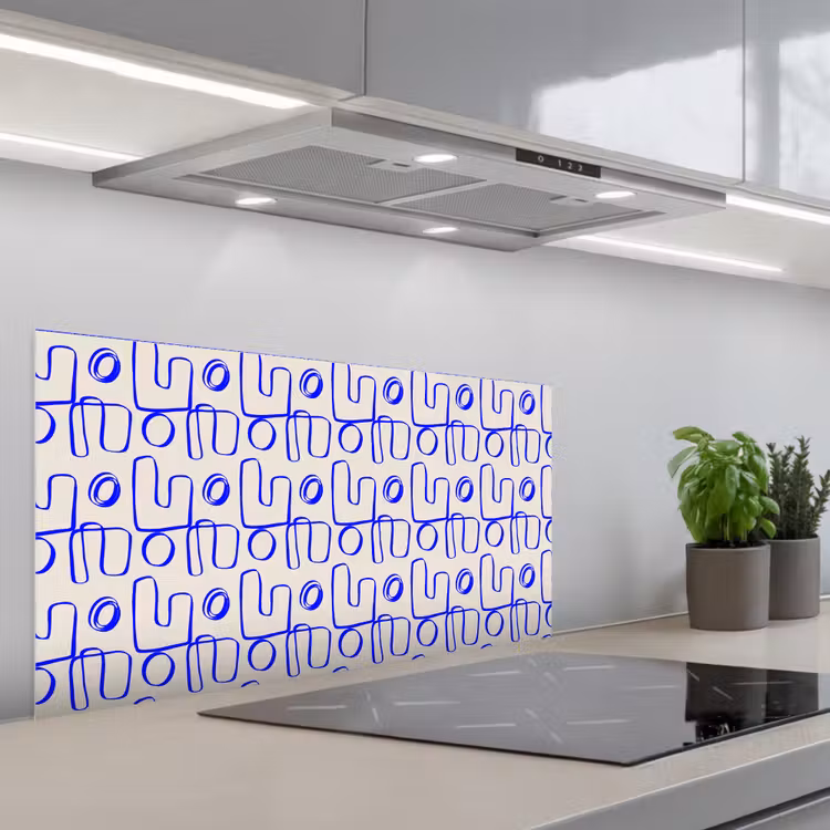 Blauw - Patroon - Beige - Abstract keuken achterwand spatscherm middel 899 -3d_schuin