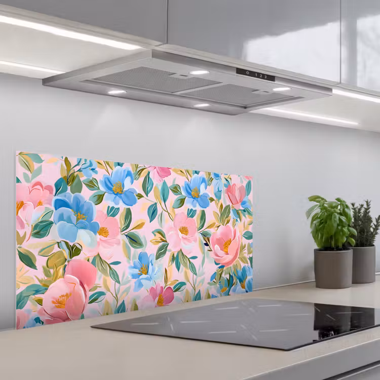 Blauw - Roze - Bloemen keuken achterwand spatscherm middel -3d_schuin