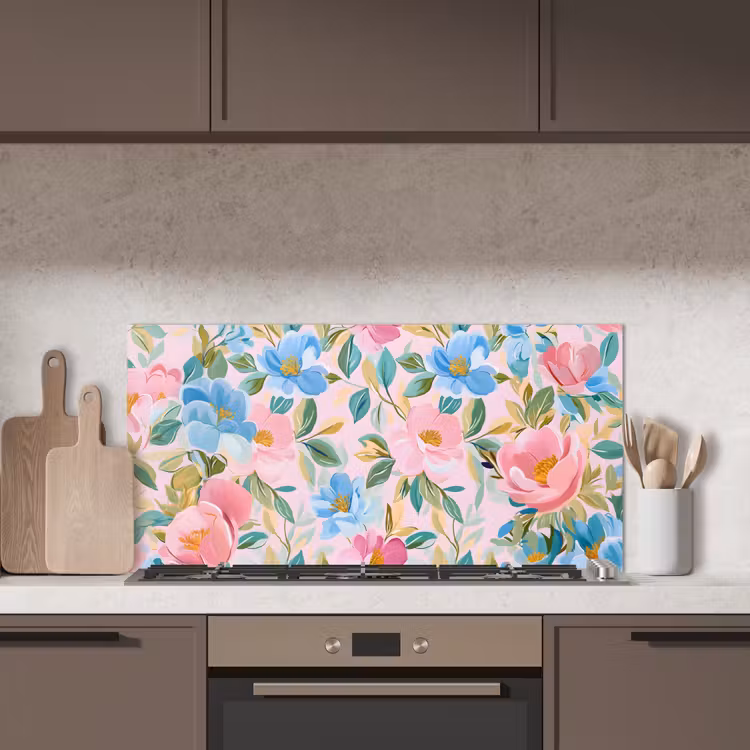 Blauw - Roze - Bloemen keuken achterwand spatscherm middel -sfeer2