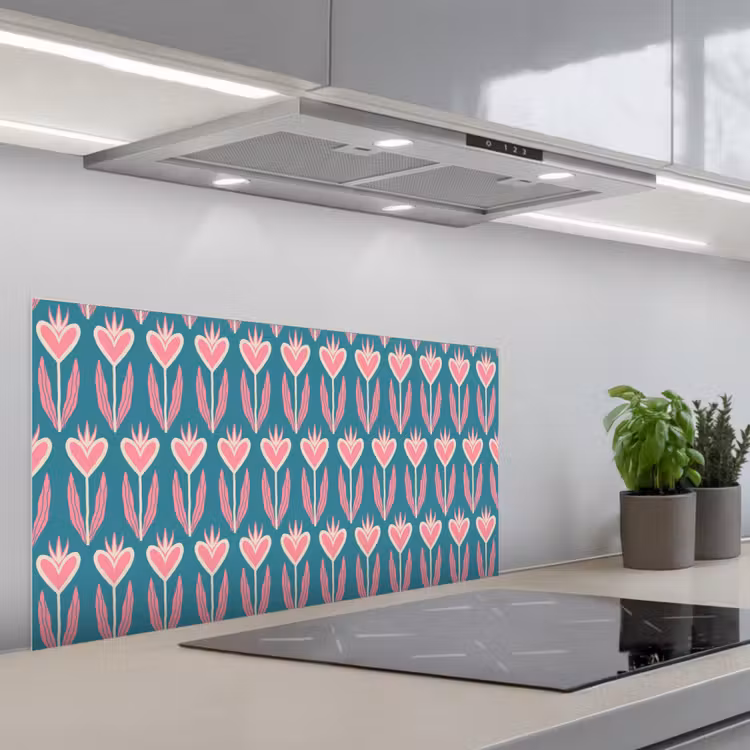Blauw - Retro - Patroon - Hartjes keuken achterwand spatscherm middel 899 -3d_schuin