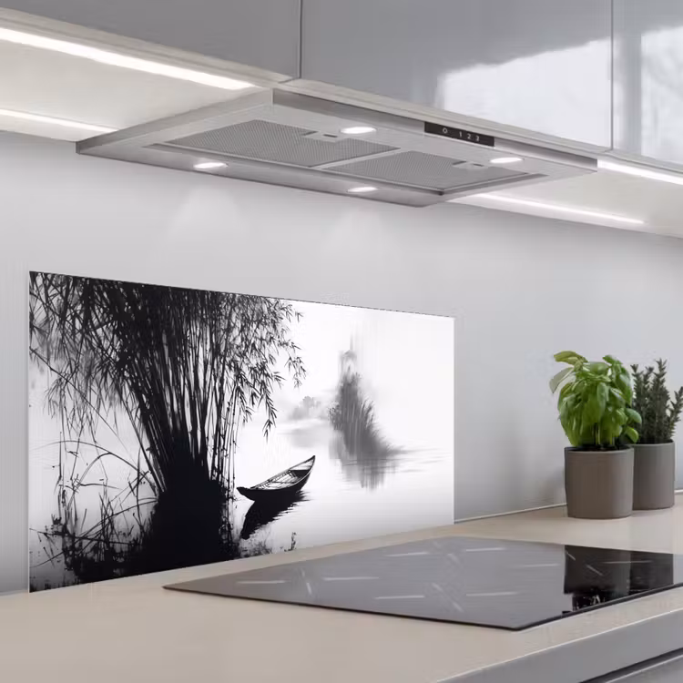 Boot - Rivier - Bamboe - Wit keuken achterwand spatscherm middel -3d_schuin