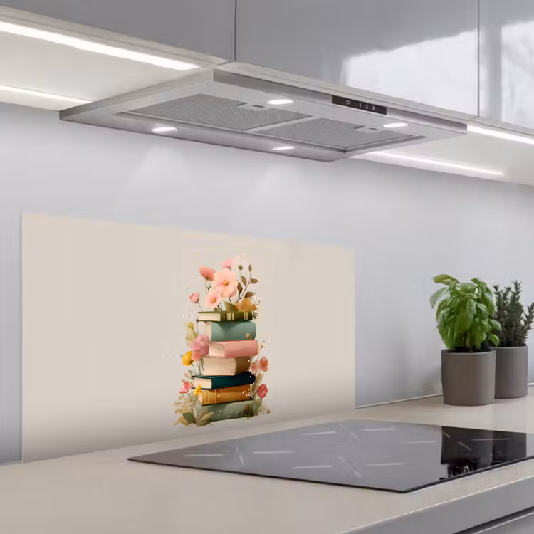 Boeken - Stapel - Bloemen - Kleurrijk keuken achterwand spatscherm middel -3d_schuin