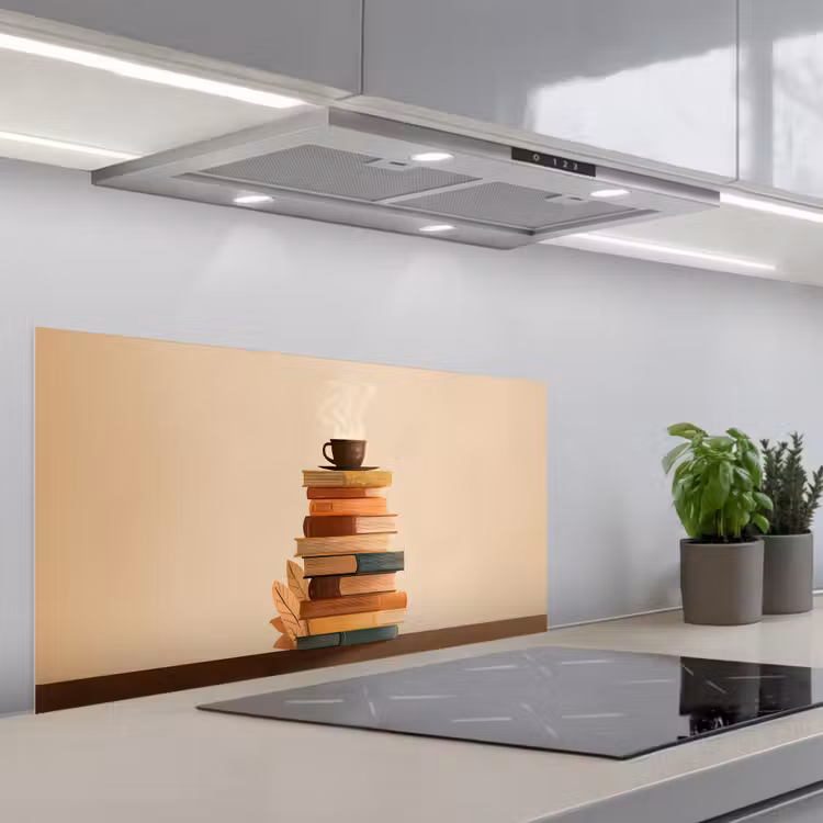 Boeken - Toren - Koffie - Beige keuken achterwand spatscherm middel -3d_schuin