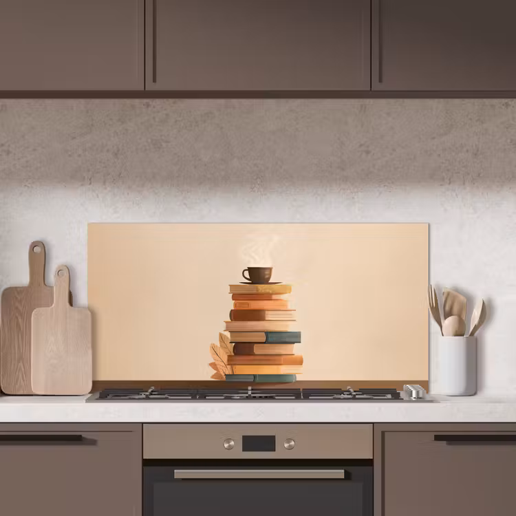 Boeken - Toren - Koffie - Beige keuken achterwand spatscherm middel -sfeer2