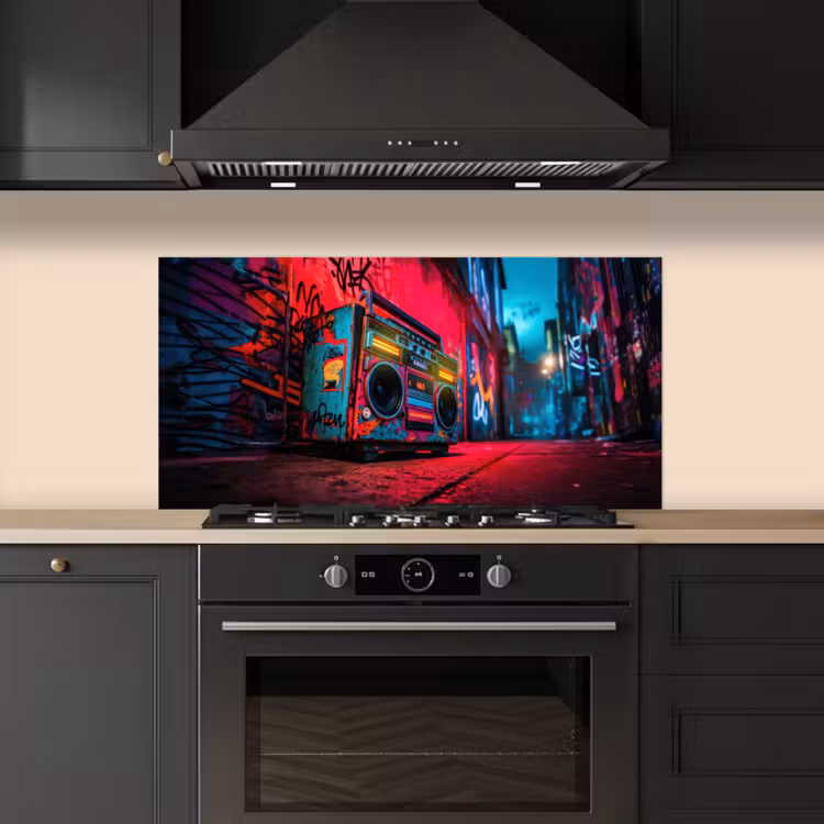Boombox - Rood - Graffiti - Neon keuken achterwand spatscherm middel -sfeer1