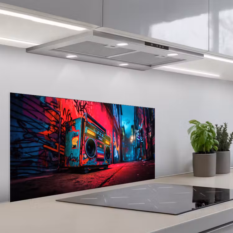 Boombox - Rood - Graffiti - Neon keuken achterwand spatscherm middel -3d_schuin