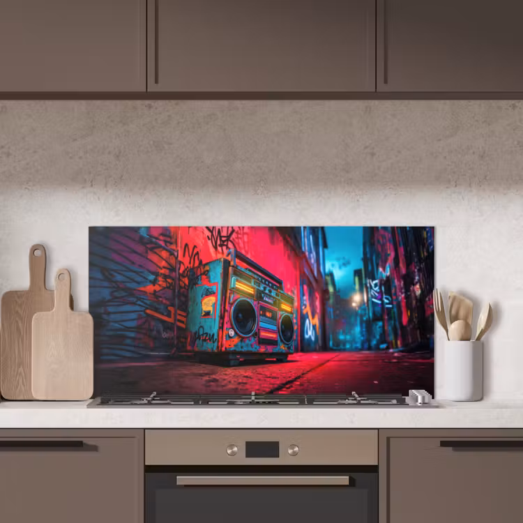 Boombox - Rood - Graffiti - Neon keuken achterwand spatscherm middel -sfeer2