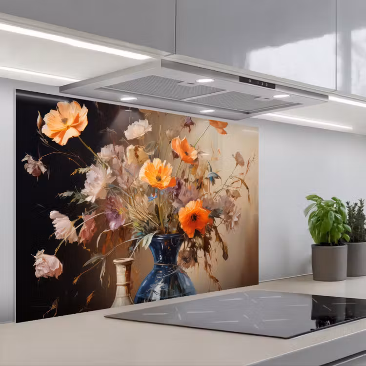 Boeket - Bloemen - Olieverf - Stilleven - Pastel keuken achterwand spatscherm middel -3d_schuin