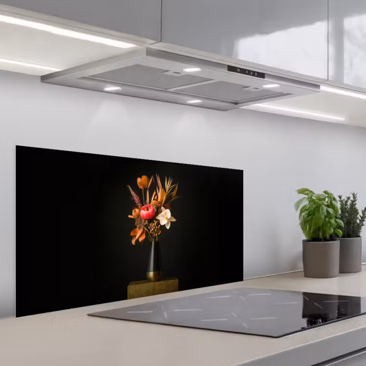 Boeket - Oranje - Gouden - vaas keuken achterwand spatscherm middel -3d_schuin