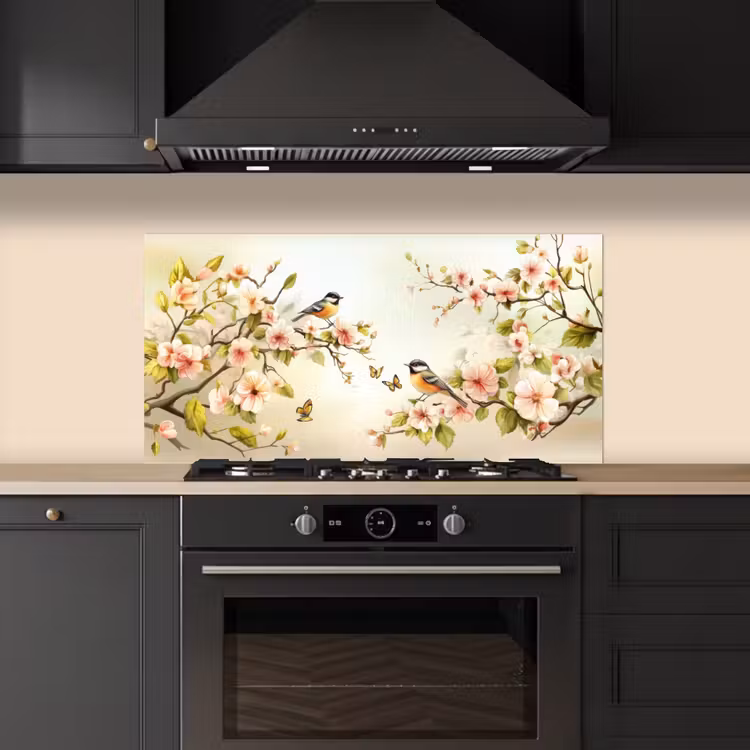 Takken - Bloemen - Vogeltjes - Roze keuken achterwand spatscherm middel -sfeer1
