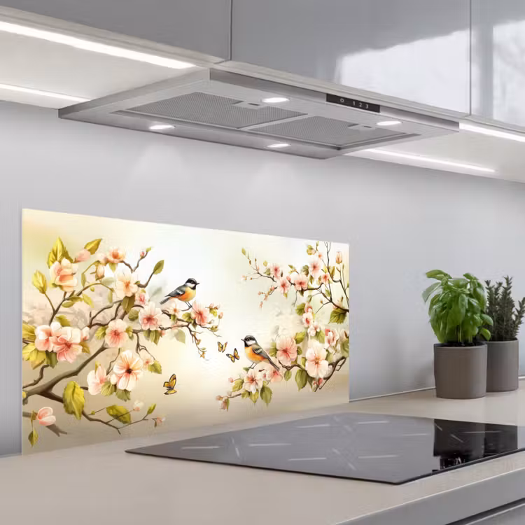 Takken - Bloemen - Vogeltjes - Roze keuken achterwand spatscherm middel -3d_schuin