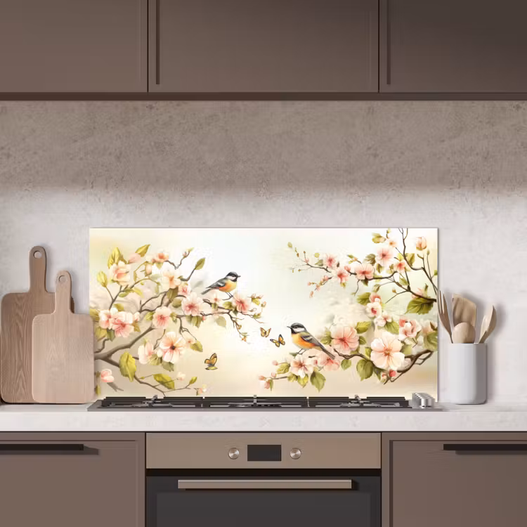 Takken - Bloemen - Vogeltjes - Roze keuken achterwand spatscherm middel -sfeer2