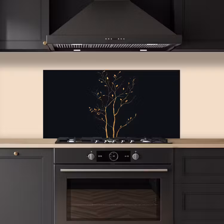 Takken - Blaadjes - Zwart keuken achterwand spatscherm middel -sfeer1