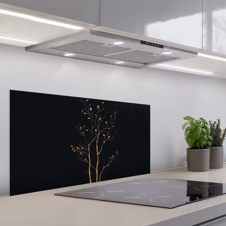 Takken - Blaadjes - Zwart keuken achterwand spatscherm middel -3d_schuin
