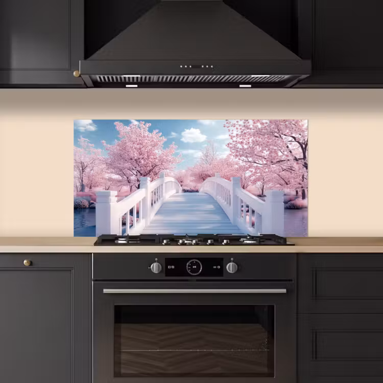 Brug - Kersenbomen - Wit keuken achterwand spatscherm middel -sfeer1