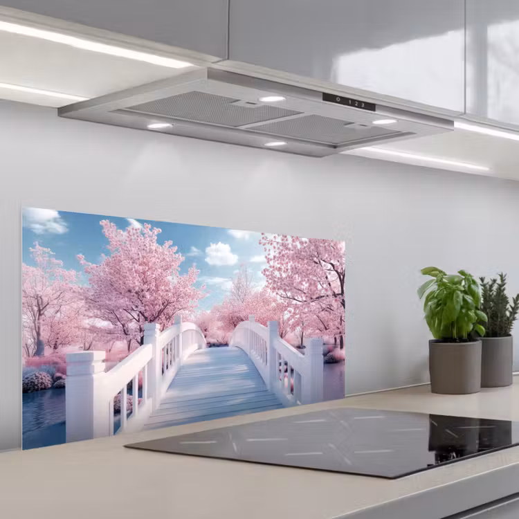 Brug - Kersenbomen - Wit keuken achterwand spatscherm middel -3d_schuin