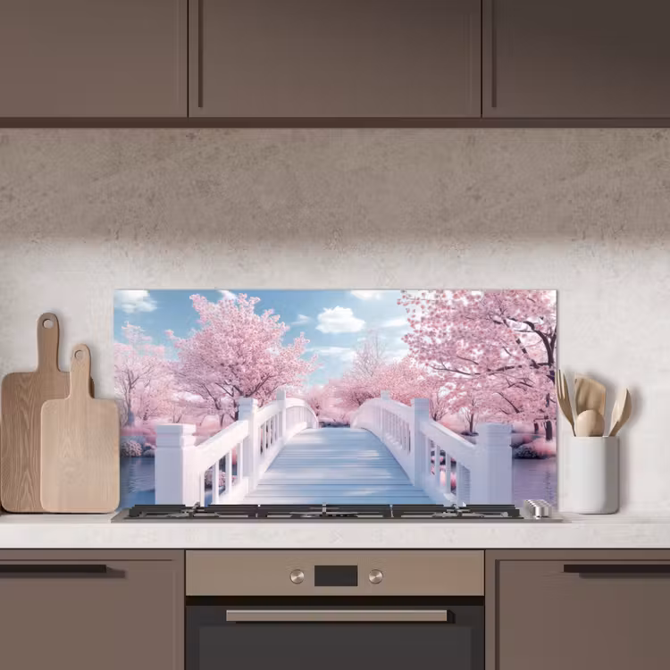 Brug - Kersenbomen - Wit keuken achterwand spatscherm middel -sfeer2