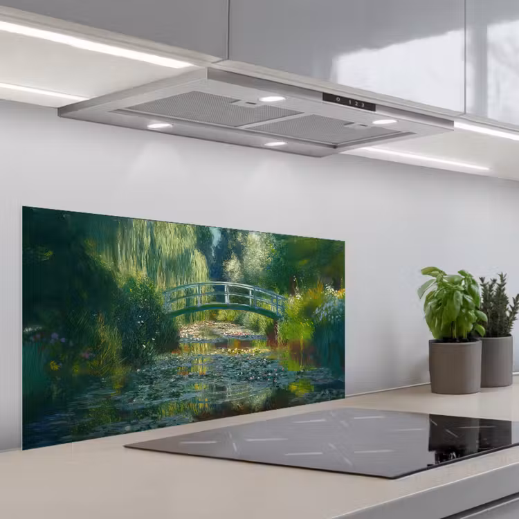 Brug - Hout - Vijver - Waterlelies keuken achterwand spatscherm middel -3d_schuin