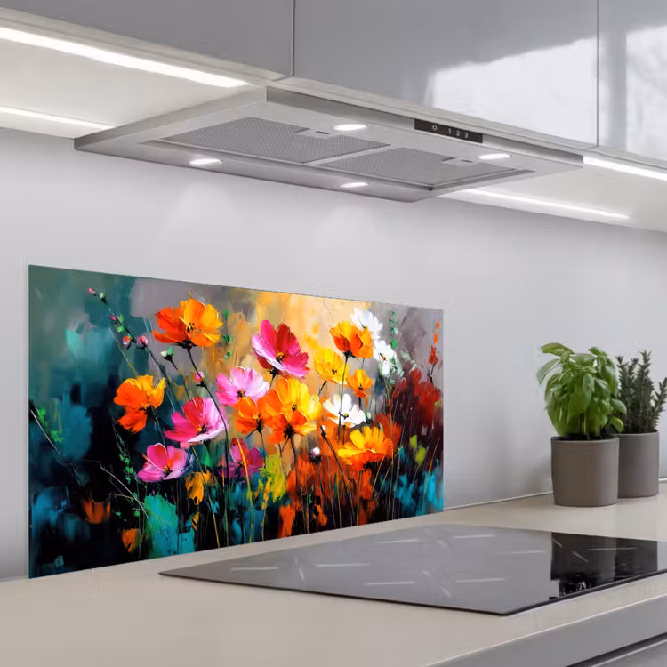 Felgekleurd - Bloemblaadjes - Abstract keuken achterwand spatscherm middel -3d_schuin