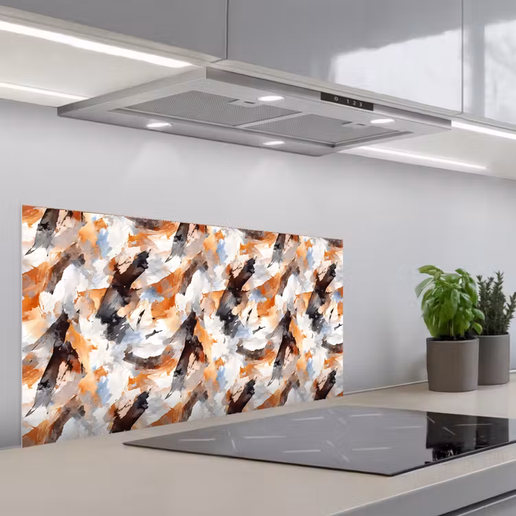 Penseelstreken - Oranje - Grijs keuken achterwand spatscherm middel 899 -3d_schuin