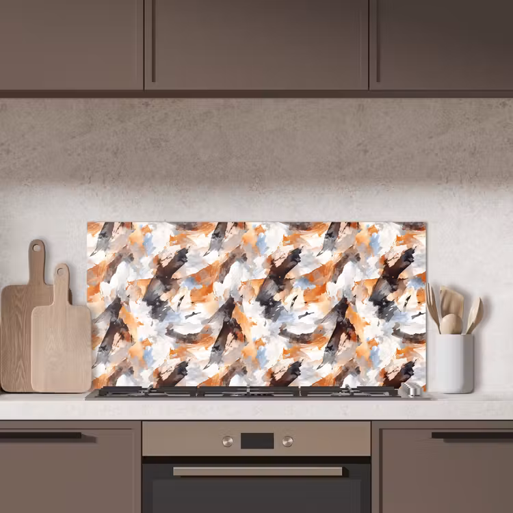 Penseelstreken - Oranje - Grijs keuken achterwand spatscherm middel 899 -sfeer2