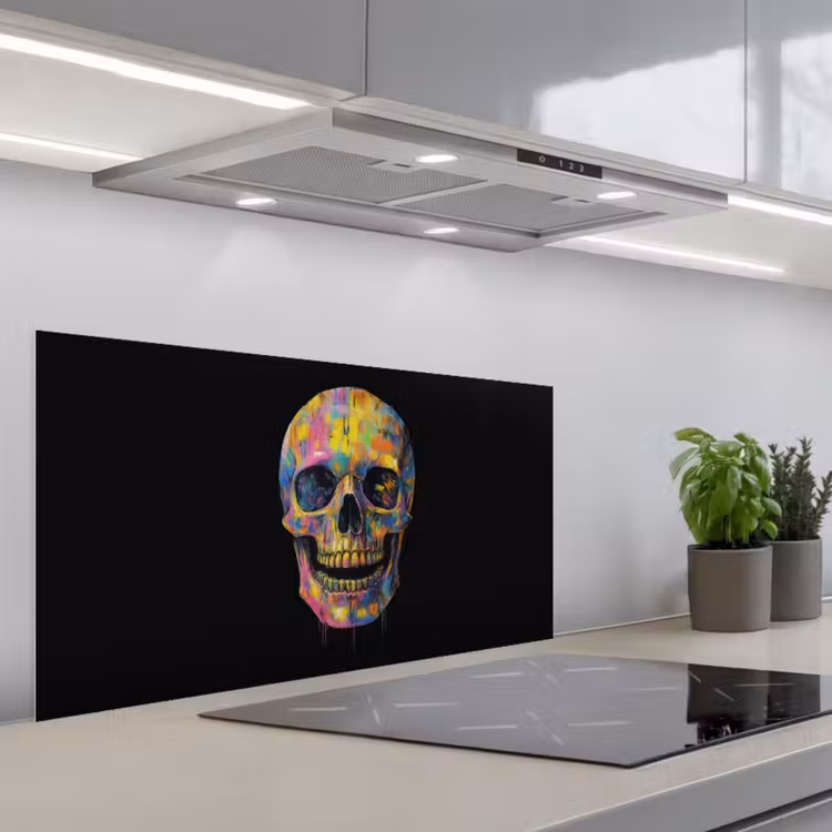 Penseelstreken - Schedel - Kleurrijk - Abstract keuken achterwand spatscherm middel -3d_schuin