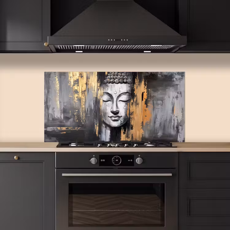 Boedhha - Penseelstreken - Goud - Abstract keuken achterwand spatscherm middel -sfeer1