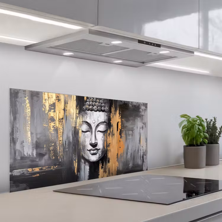 Boedhha - Penseelstreken - Goud - Abstract keuken achterwand spatscherm middel -3d_schuin