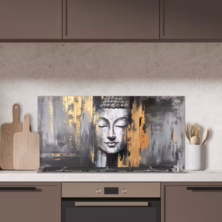 Boedhha - Penseelstreken - Goud - Abstract keuken achterwand spatscherm middel -sfeer2