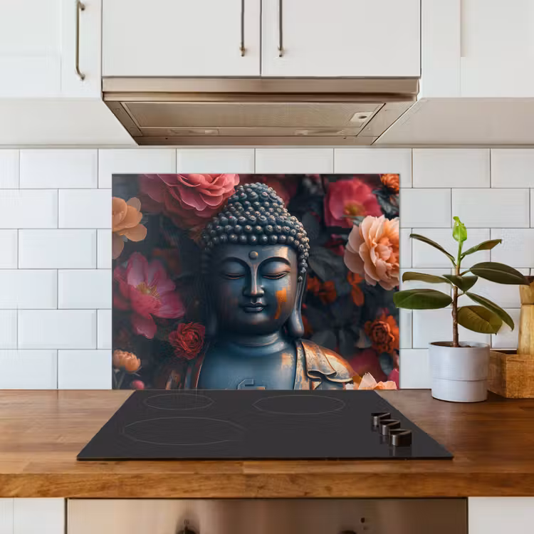 Boeddha - Bloemen - Buddha - Beeld - Kunst keuken achterwand spatscherm middel -sfeer2
