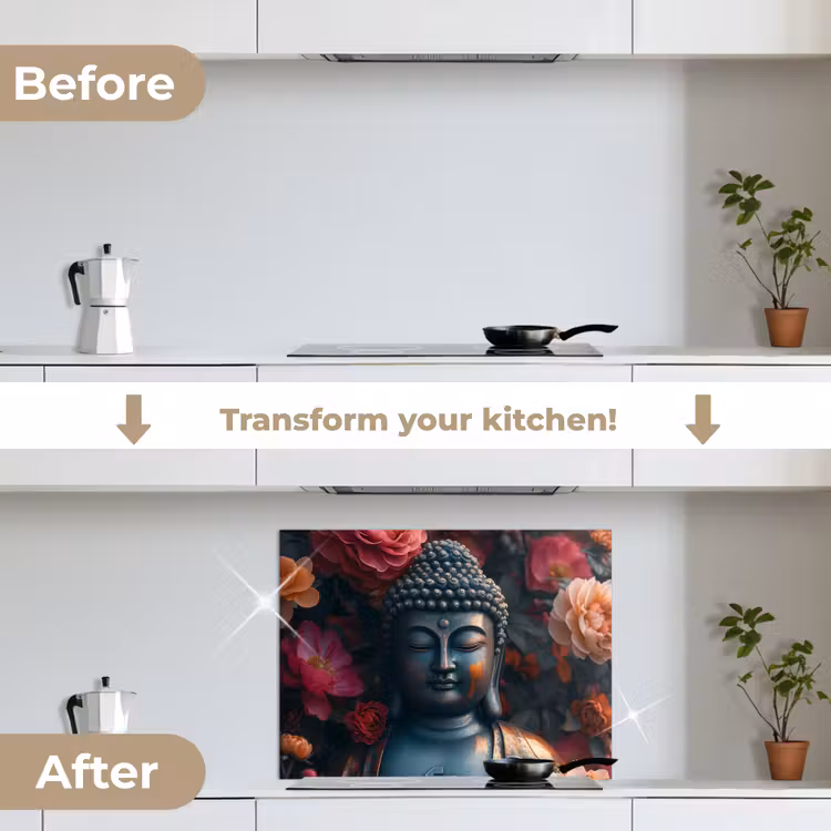 Boeddha - Bloemen - Buddha - Beeld - Kunst keuken achterwand spatscherm middel -voor_na_EN