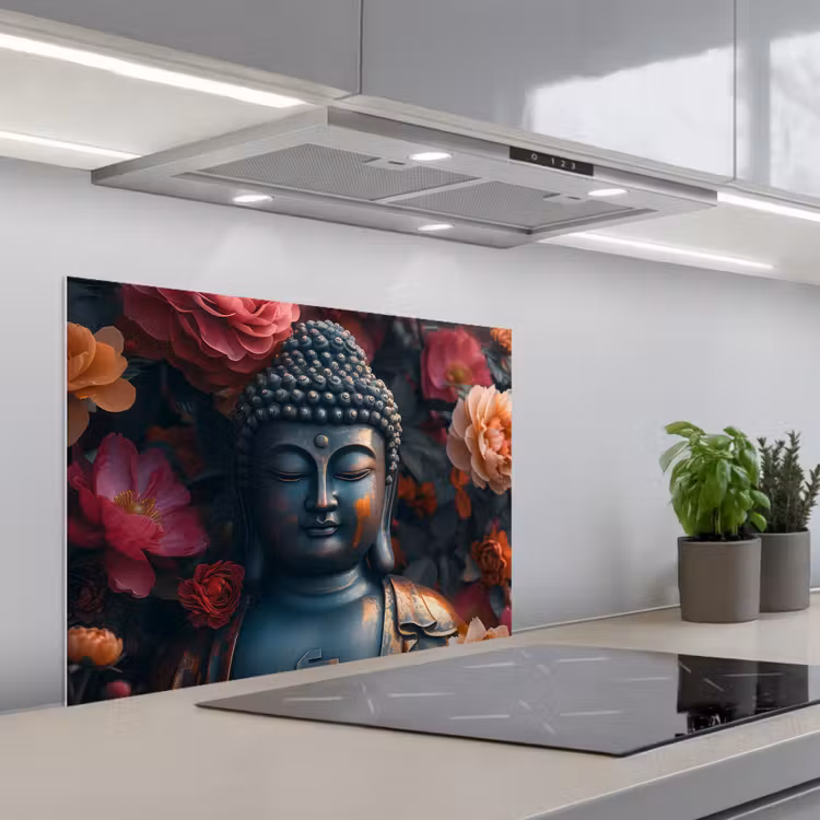 Boeddha - Bloemen - Buddha - Beeld - Kunst keuken achterwand spatscherm middel -3d_schuin