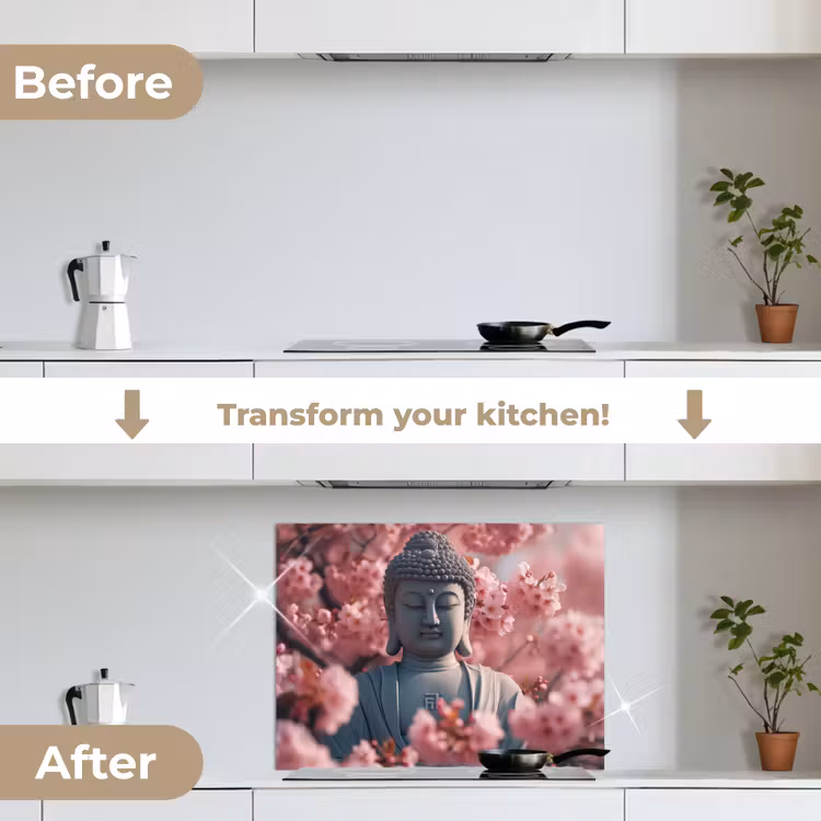 Boeddha - Beeld - Sakura - Buddha - Kersenbloesem keuken achterwand spatscherm middel -voor_na_EN