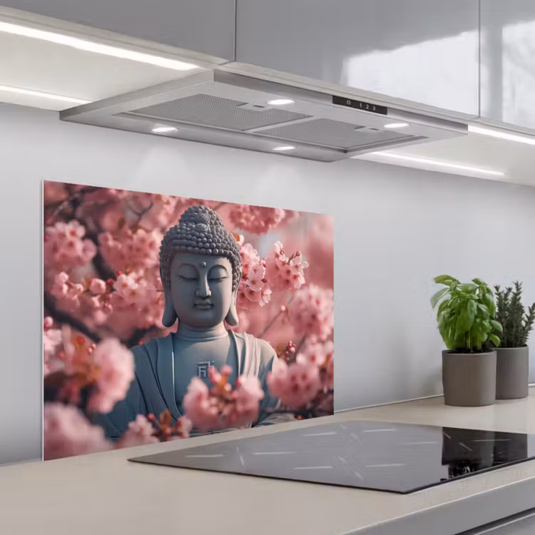 Boeddha - Beeld - Sakura - Buddha - Kersenbloesem keuken achterwand spatscherm middel -3d_schuin