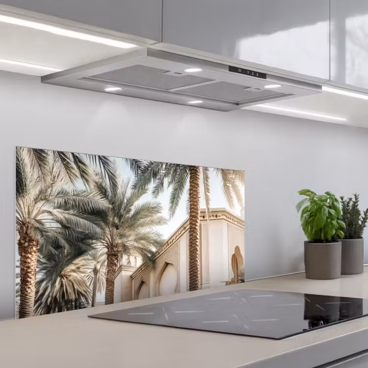 Gebouw - Palmbomen - Beige - Zon keuken achterwand spatscherm middel -3d_schuin