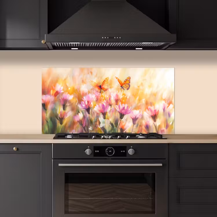 Vlinders - Oranje - Bloemen keuken achterwand spatscherm middel -sfeer1