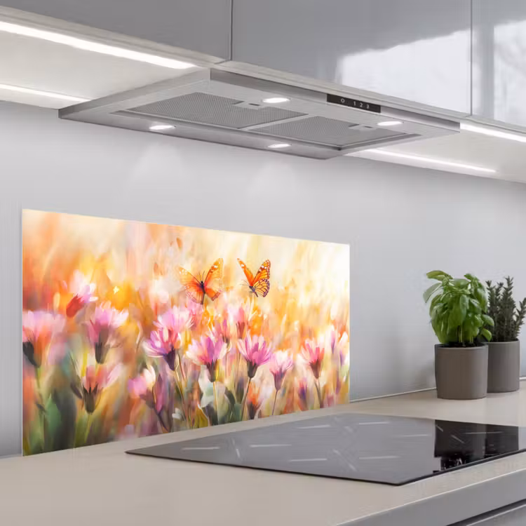 Vlinders - Oranje - Bloemen keuken achterwand spatscherm middel -3d_schuin