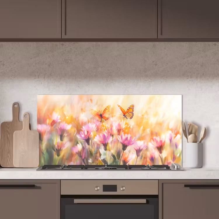 Vlinders - Oranje - Bloemen keuken achterwand spatscherm middel -sfeer2