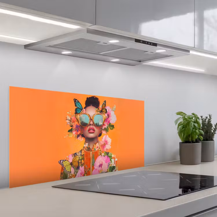 Vlinders - Vrouw - Zonnebril - Kleurrijk keuken achterwand spatscherm middel -3d_schuin
